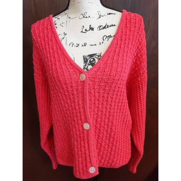 Vintage Boundary Waters Chunky Cardigan Sweater V Neck Barbie Pink Womens Medium - Picture 1 of 6